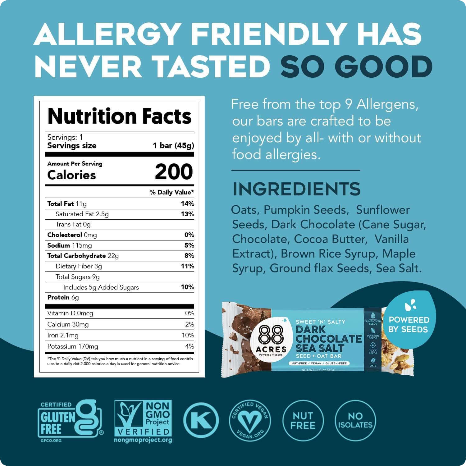 88 Acres, Dark Chocolate Sea Salt Seed Bar, 1.6 Ounce