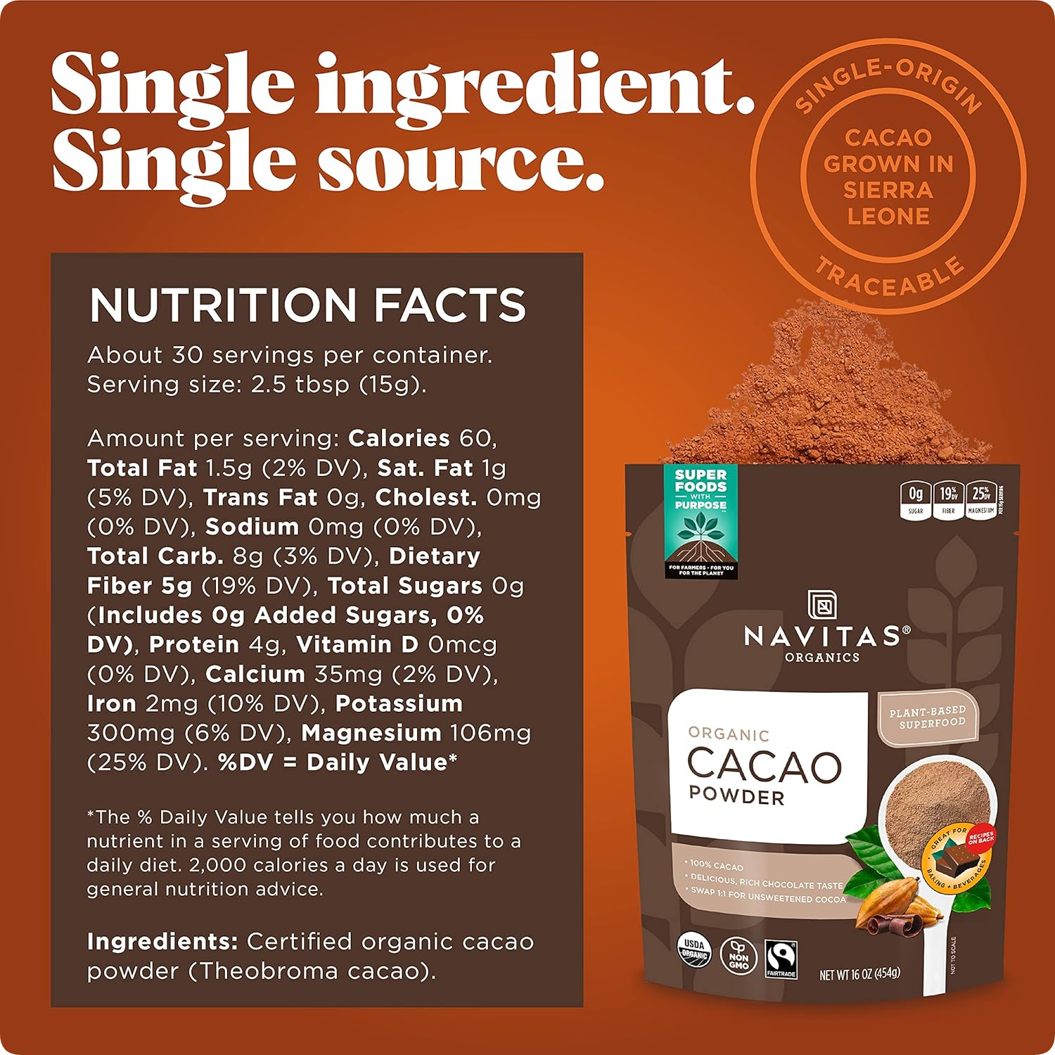 Navitas Organics Organic Cacao Powder 16oz (2 Pack) Non-GMO, Fair Trade & Gluten-Free